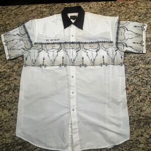High Noon Mens XL Western Pearl Snap Shirt Steer Skull Graphic Big Jim Fuller